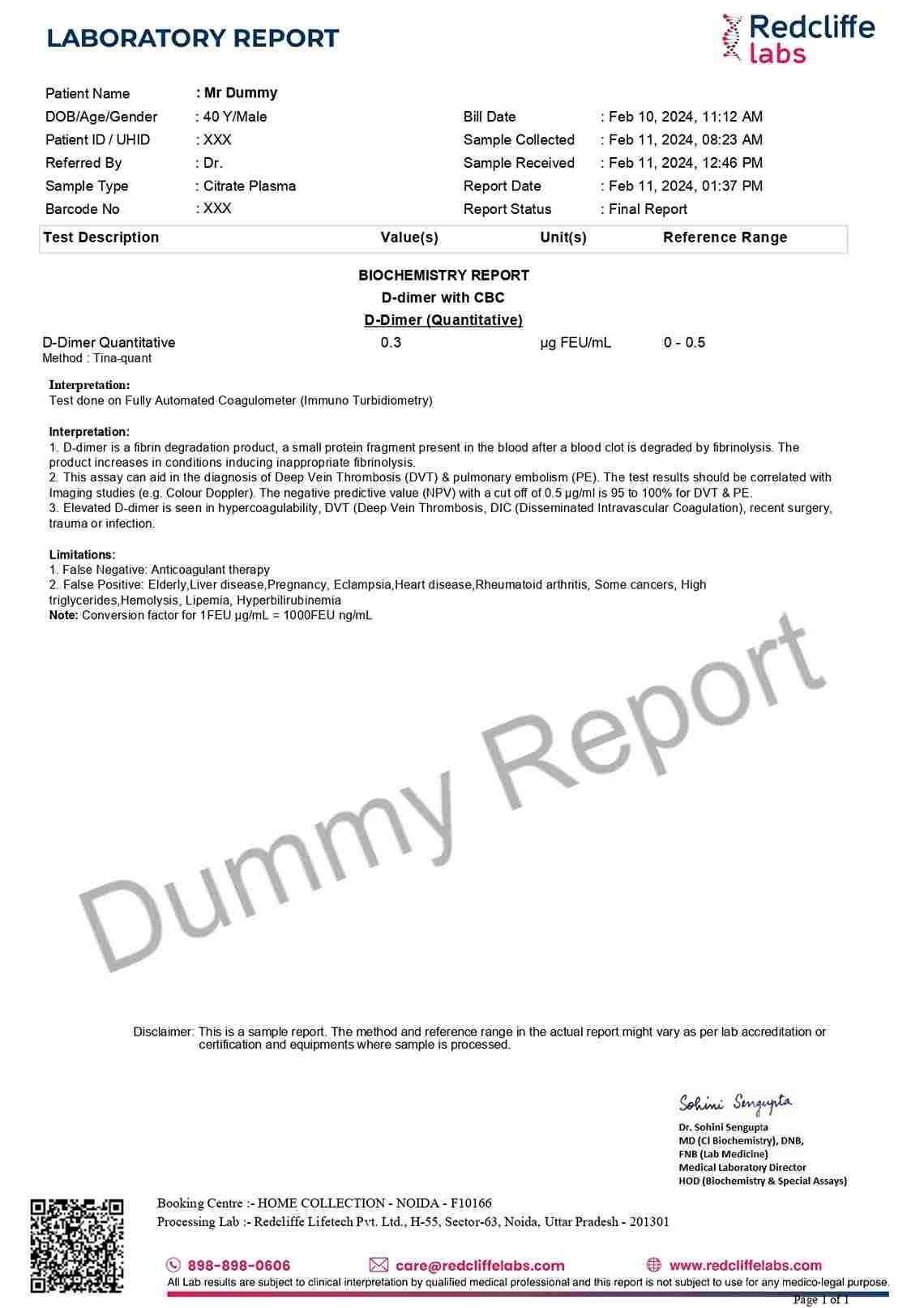 D Dimer Test Sample Report