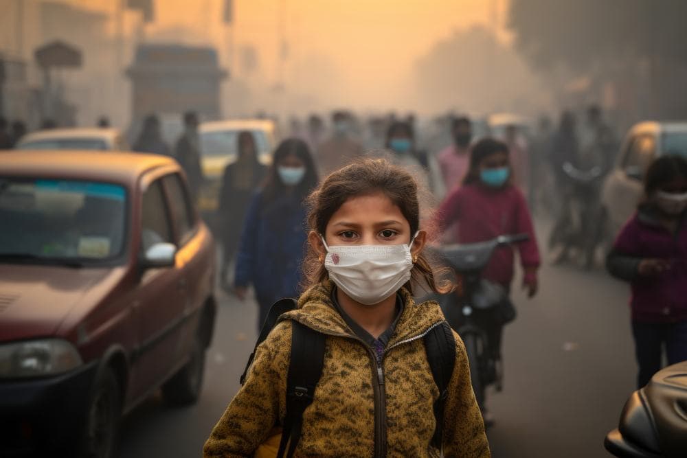 Girl wearing mask in high pollution